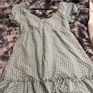 Green Plaid Puff Sleeve Dress